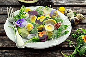 Healthy summer salad with quail eggs, avocado, pecans, wild rocket, red onion and edible viola flowers.