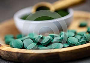 Healthy supplements - chlorella, spirulina algae powder and pills