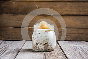 Healthy and tasty breakfast with muesli, yougurt and grilled pears