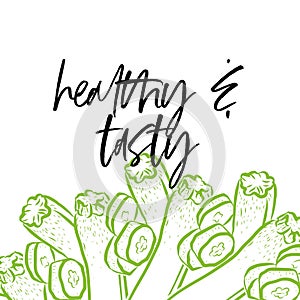 Healthy & tasty lettering on outlined Courgettes banner template