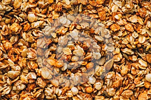 Healthy and tasty muesli. Shot from above. Background and textures