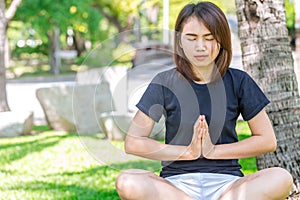 Healthy teen wear casual cloth doing yoga outdoor for relax and concentration