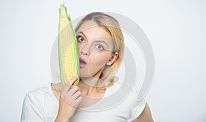 Healthy teeth. hunger. agriculture and cultivation. corn crop. vitamin and dieting food. Happy woman eating corn