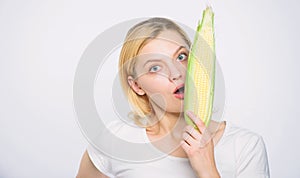 Healthy teeth. hunger. agriculture and cultivation. corn crop. vitamin and dieting food. Happy woman eating corn