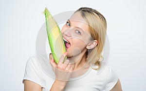 Healthy teeth. hunger. agriculture cultivation. Happy woman eat corn. vegetable harvest. Farming, farmer girl with maize