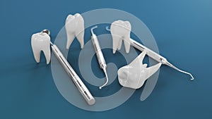 Healthy teeth rotation animation. Teeth with dental tools. Concept of toothbrushing, care and protection against caries