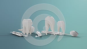 Healthy teeth rotation animation. Teeth with dental tools. Concept of toothbrushing, care and protection against caries