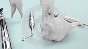 Healthy teeth rotation animation. Teeth with dental tools. Concept of toothbrushing, care and protection against caries