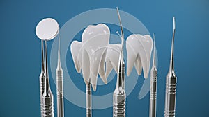 Healthy teeth rotation animation. Teeth with dental tools. Concept of toothbrushing, care and protection against caries