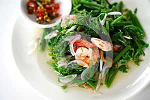 Healthy Thai food, Spicy and sour salad of fresh shrimp and Paco fern