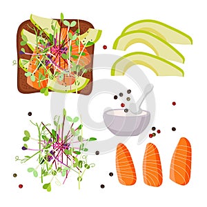 Healthy toast and ingredients. Recipe for useful snack with avocado, salmon, micro green, ground pepper. For menu, cafe