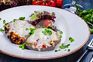 Healthy toasts with grilled rye bread with tomato, melted cheese on white plate