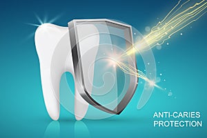 Healthy tooth and glass shield with lightning, anti-caries concept