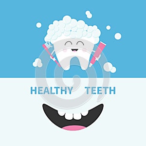 Healthy tooth holding paste and brush. Bubbles foam. Smiling mouth. Banner set. Cute cartoon character. Oral dental hygiene Childr