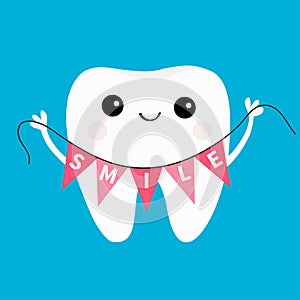 Healthy tooth icon holding bunting flag Smile. Oral dental hygiene. Children teeth care. Cute cartoon character. Smiling head face