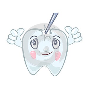 Healthy tooth looking to stomatological instrument which touching them and showing thumb up.