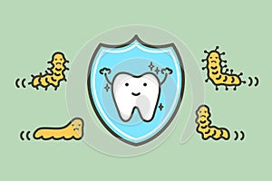 Healthy tooth by protection bacteria, microbe or virus by shield - dental cartoon vector flat style