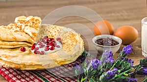 Healthy traditional pancakes from rice flour on wooden table. delicious healthy breackfast