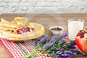 Healthy traditional pancakes from rice flour on wooden table. delicious healthy breackfast