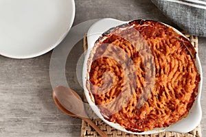 Healthy traditional shepherd pie made with mashed sweet potatoes
