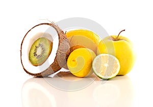 Healthy tropical fresh fruits on white background