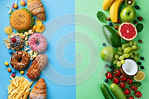 Healthy and unhealthy food background from fruits and vegetables vs fast food, sweets and pastry.Diet and detox against calorie