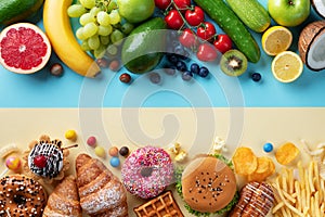 Healthy and unhealthy food background from fruits and vegetables vs fast food, sweets and pastry top view. Diet and detox concept