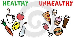 Healthy and unhealthy food and drinks