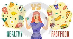 Healthy unhealthy food. Girl chooses between proper nutrition and fast food, diet plan, woman makes choice, different