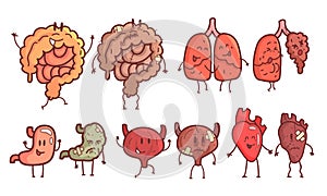 Healthy and Unhealthy Human Internal Organs Cartoon Character Set, Bladder, Heart, Lungs, Intestines, Stomach Vector
