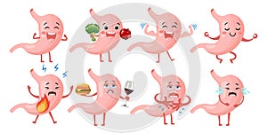 Healthy and unhealthy stomach character icons set. Flat cartoon illustration. Medical icons