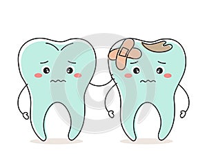 Healthy and unhealthy teeth kawaii characters, cute cartoon characters. Dental care. Illustration, icon