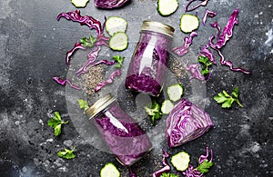Healthy and useful detox smoothies or juice from red cabbage, cu