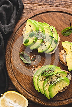 Healthy vegan avocado toast with hemp seeds