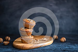 Healthy vegan banana walnut muffins. Side view, copy space