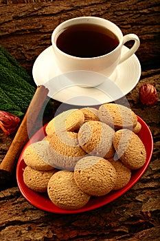 Homemade healthy oven fresh cookies with black tea photo