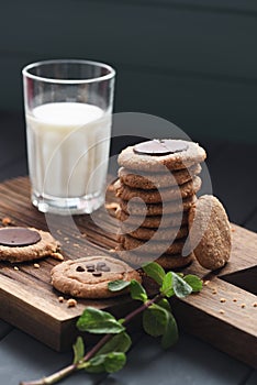 Healthy vegan gluten free sugar free breakfast. Peanut butter, oatmeal and almond cookies with chocolate drops served with plant