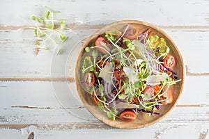 Healthy vegan lunch dish.Tomato, cucumber, red cabbage, carrot,