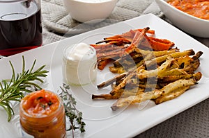 Healthy vegetable chips - french fries beet, celery and carrots