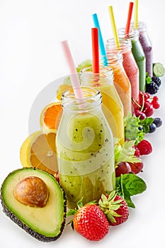 Healthy vegetable and fruit smoothies in bottles