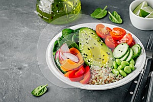 Healthy vegetable lunch Buddha bowl. Avocado, quinoa, tomatoes, cucumbers, radishes, spinach, carrots, paprika and edamame beans s