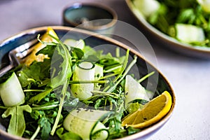 Healthy vegetable salad with aragula and avocado