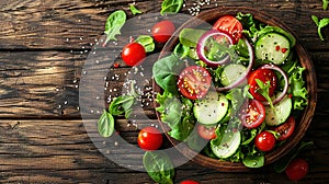 Healthy vegetable salad of fresh tomato, cucumber, onion, spinach, lettuce and sesame on plate