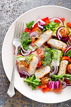 Healthy vegetable salad with grilled chicken breast, fresh lettuce, cherry tomatoes, red onion and pepper