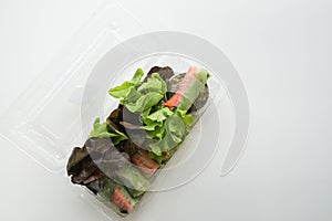 Healthy vegetable salad roll with seafood spicy sauce in plastic box for diet