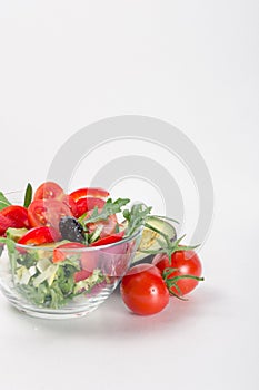 Healthy vegetables for dietary snack, cherry tomatoes, pepper, green salad, arugula