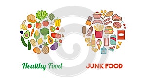 Healthy vegetables and junk food
