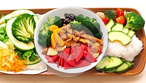 Healthy vegetables and rice in a trey Ai Generated