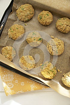 Healthy Vegetarian amaranth patties on a baking tray