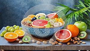 Healthy vegetarian bowl dish with fresh fruits and nuts. Plate with raw apple, orange, grapefruit, banana, kiwi, lemon, grape